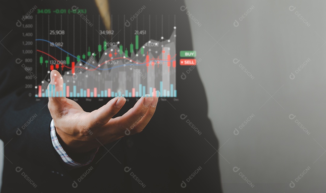 Conceitos de tecnologia e investimento em finanças empresariais. Investimentos em fundos de bolsa e ativos digitais. Empresário analisando o gráfico de dados financeiros da negociação Forex. fundo de negócios financeiros