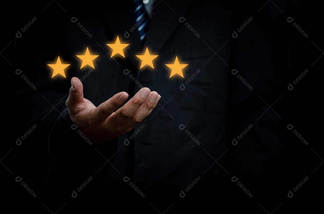 Businessman hand customer or customer holding stars to complete five stars with copy space. Business satisfaction feedback marketing concept.