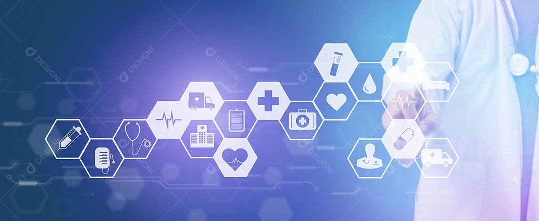 Médico toque ícone de tela virtual medicina cuidados de saúde emergência tecnologia digital internet no conceito de espaço de cópia de fundo.