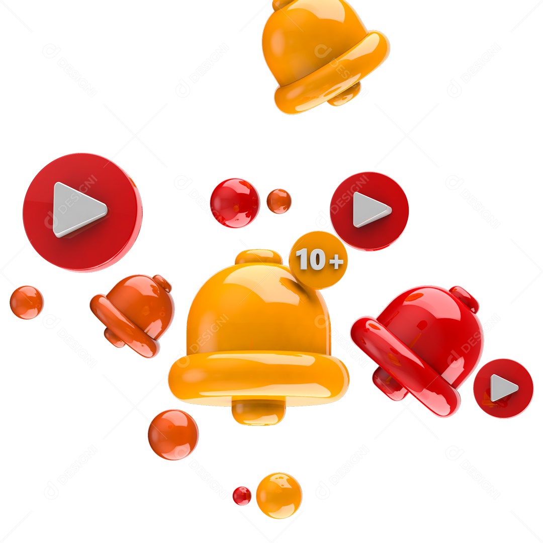 Sinos de Notificação com Botão Play vermelho Elemento 3D para Composição PSD