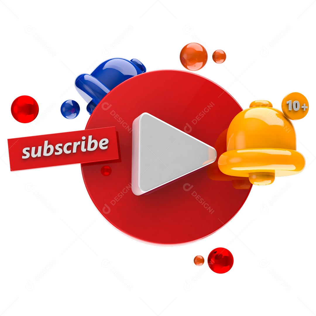 Sinos de Notificação com Botão Play vermelho Elemento 3D para Composição PSD