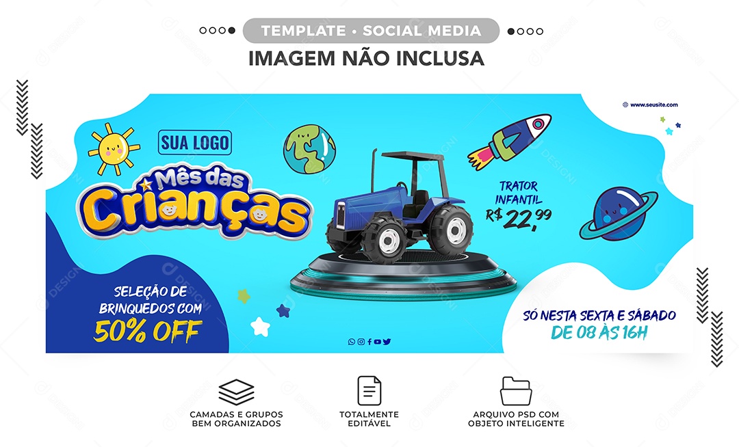 Social Media Banner Mês das Crianças Para Vendas de Brinquedos PSD Editável