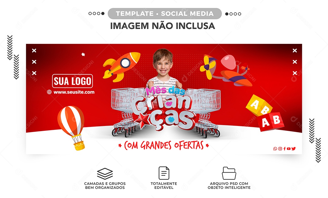 Social Media Banner Mês Das Crianças Ofertas Supermercados PSD Editável