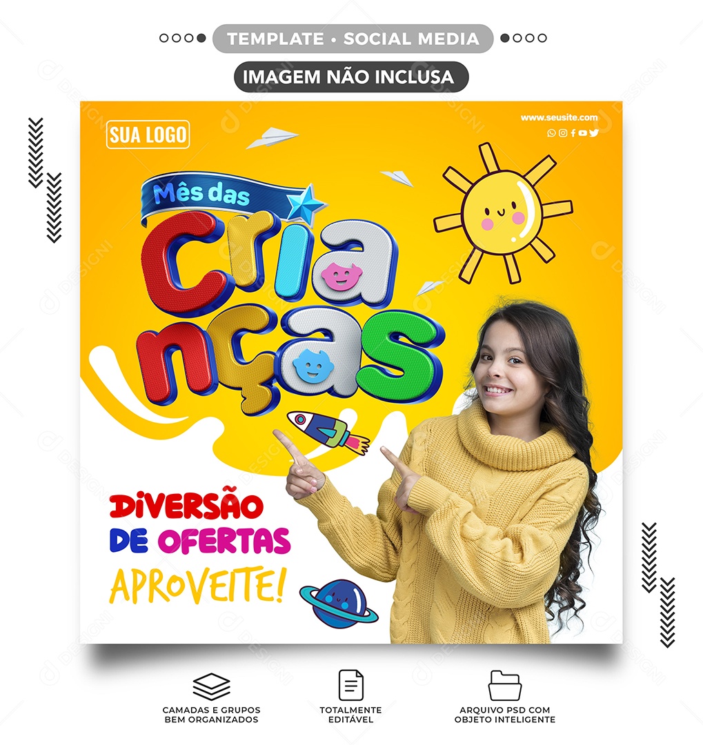 Social Media Feed Mês Das Criancas Diversão de Ofertas PSD Editável