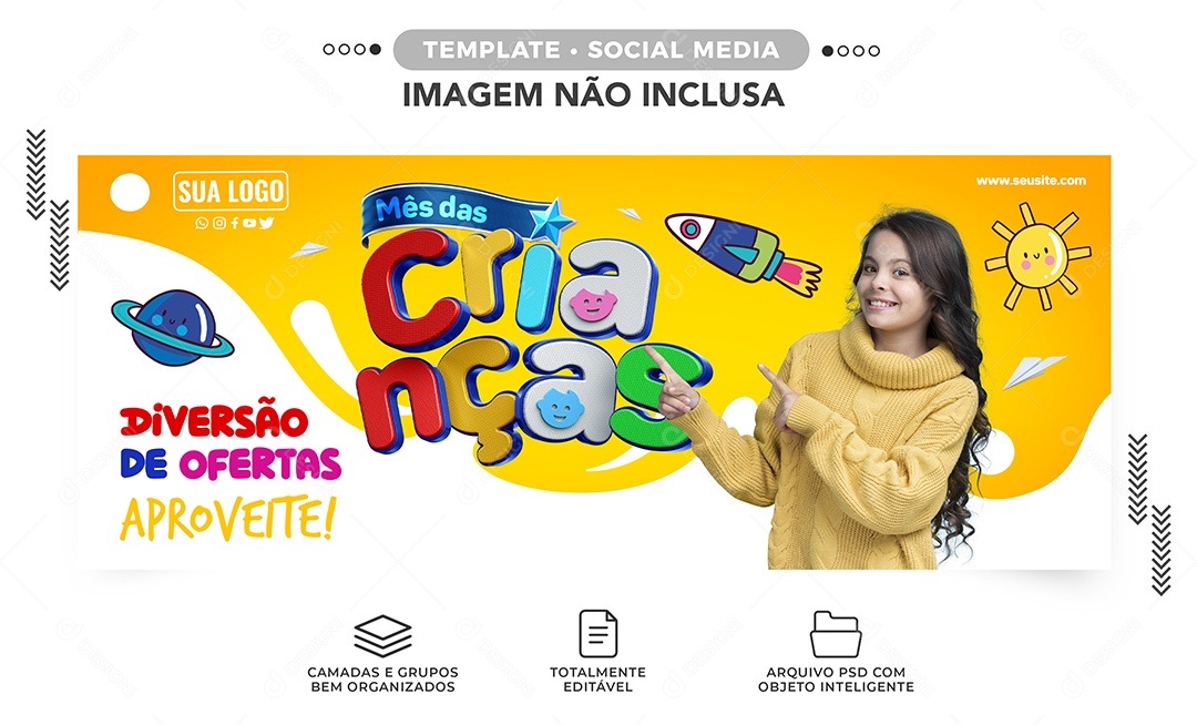 Social Media Banner Mês Das Crianças Diversão de Ofertas PSD Editável