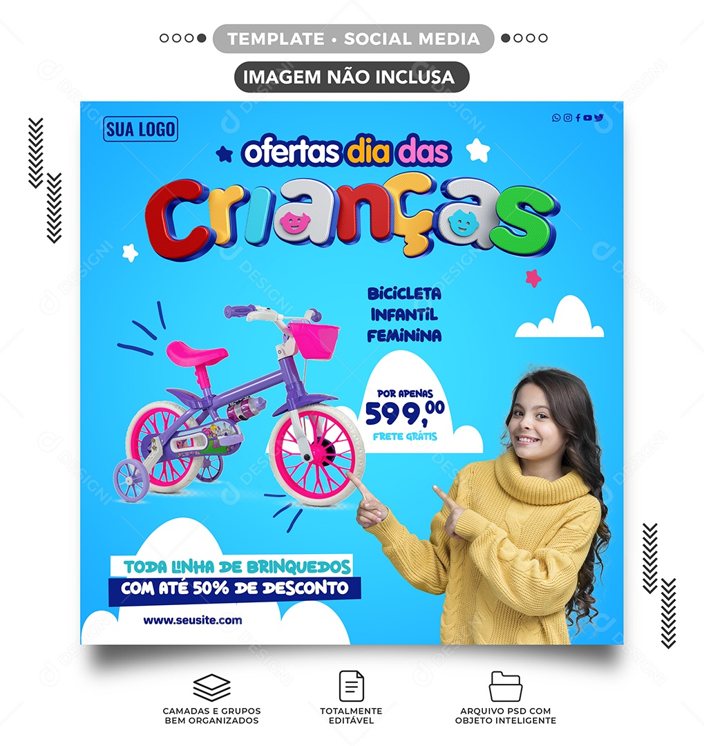 Ofertas dia das crianças toda linha de brinquedos com até 50% de desconto Social Media PSD Editável