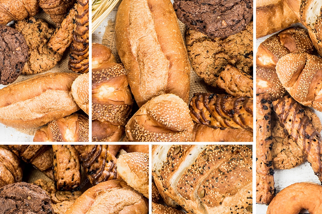padaria em fundo branco de madeira diferentes tipos de pão