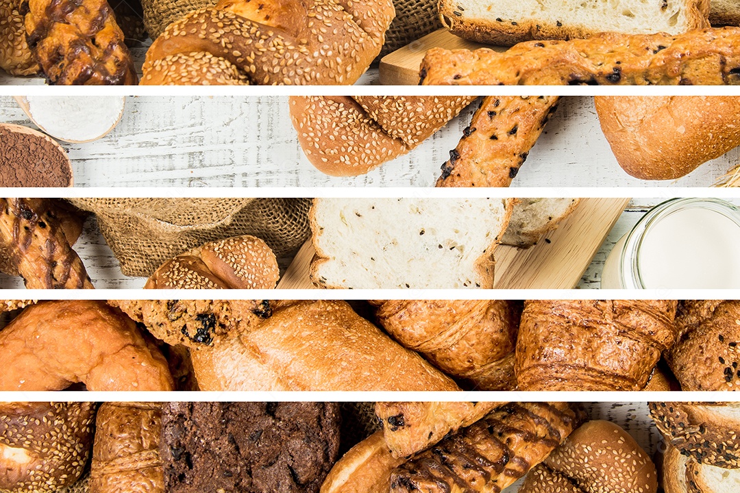 padaria em fundo branco de madeira diferentes tipos de pão