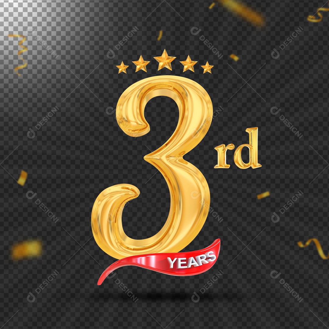 Elemento 3D 3 Ano De Idade Dourado PSD