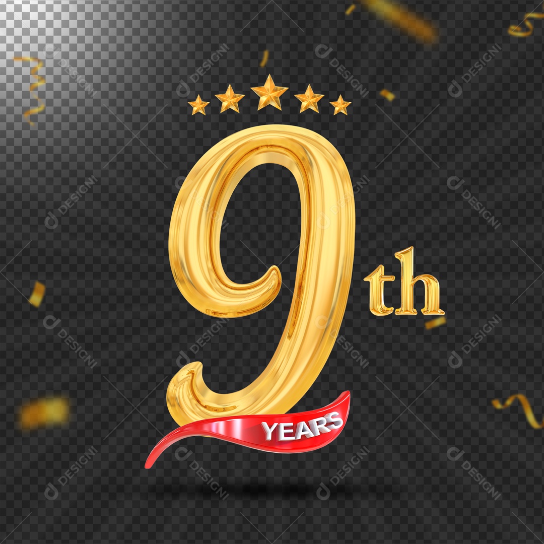 Elemento 3D 9 Ano De Idade Dourado PSD