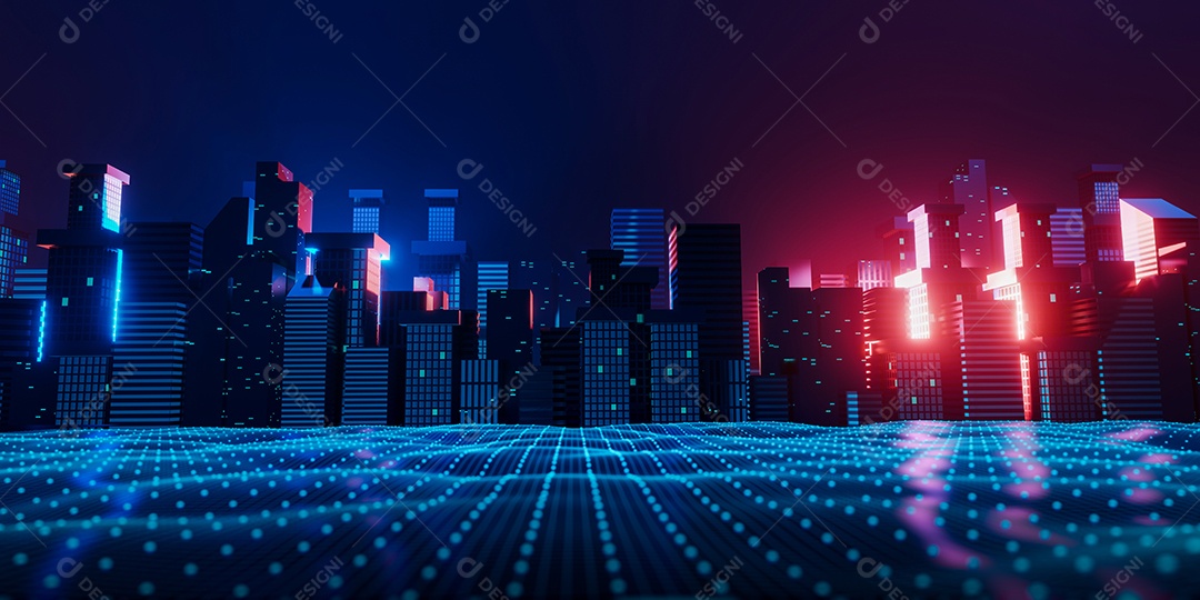 Renderização 3D fundo prédios com luzes neon