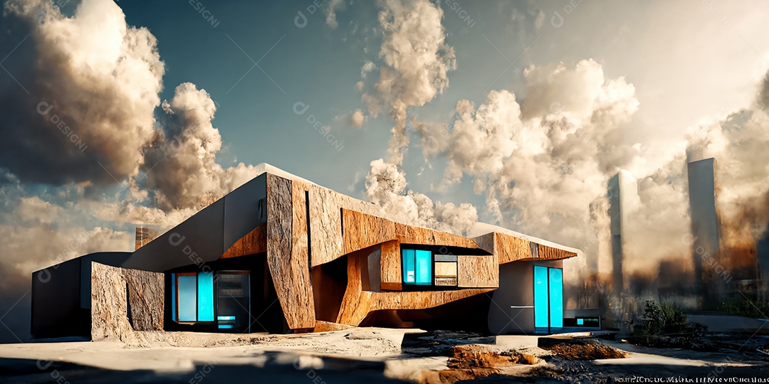 Construindo casa moderna de tecnologia de alta tecnologia em uma cidade 3D em uma cibernética