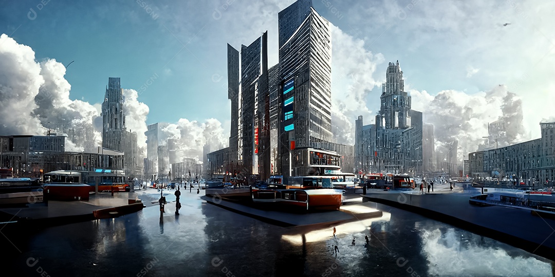 Construindo casa moderna de tecnologia de alta tecnologia em uma cidade 3D em uma cibernética