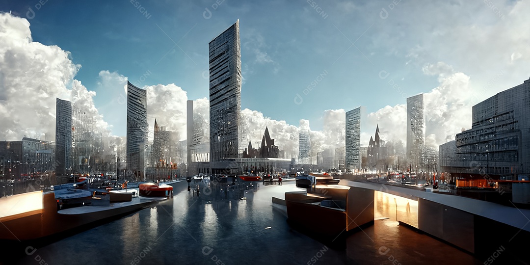 Construindo casa moderna de tecnologia de alta tecnologia em uma cidade 3D em uma cibernética