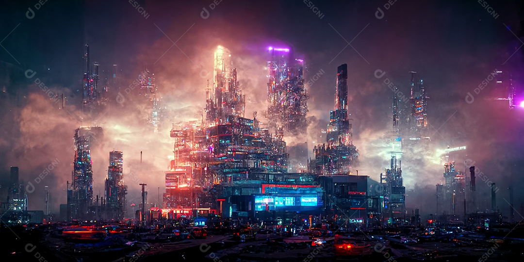 Construindo casa moderna de tecnologia de alta tecnologia em uma cidade 3D em uma cibernética