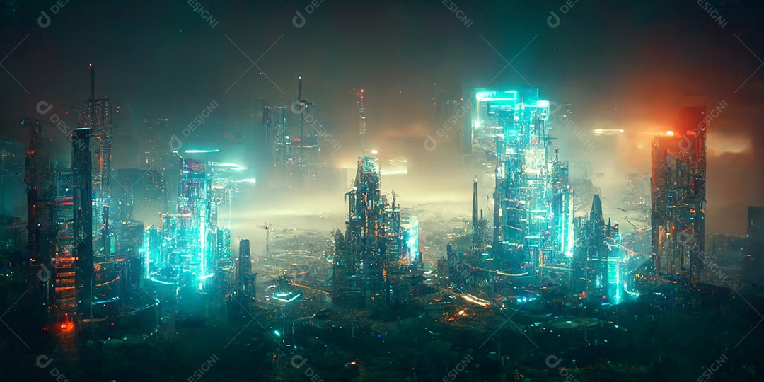 Construindo casa moderna de tecnologia de alta tecnologia em uma cidade 3D em uma cibernética