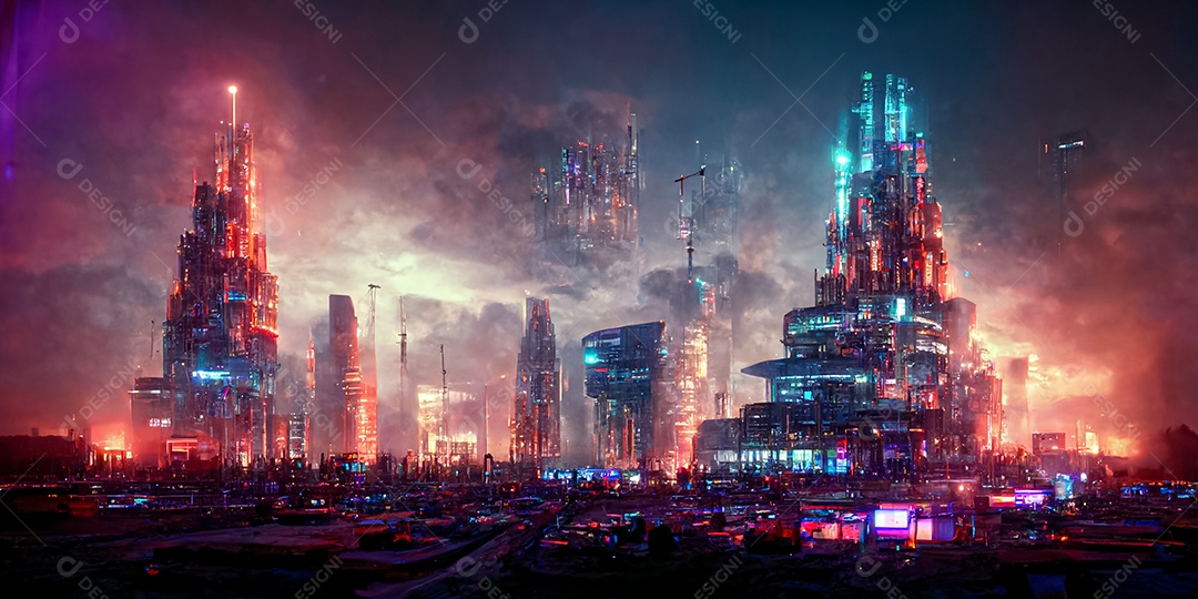 Construindo casa moderna de tecnologia de alta tecnologia em uma cidade 3D em uma cibernética