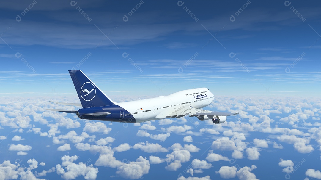 Boeing 747 Lufthansa voando sobre o céu azul Los Angeles, Califórnia.