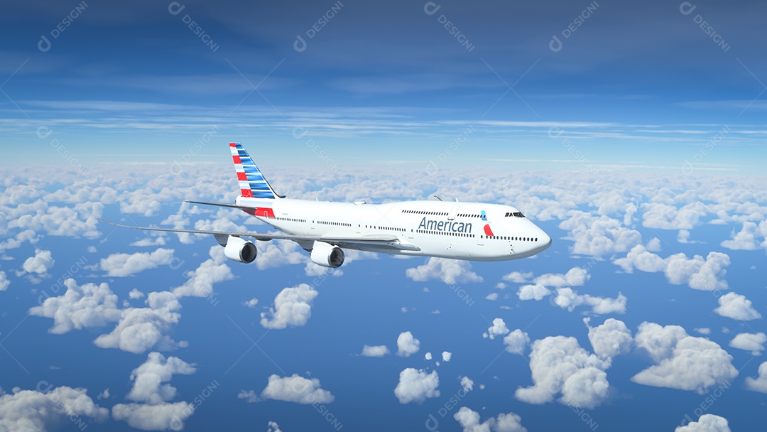 Boeing 747 American Airlines voando sobre o céu azul Los Angeles, Califórnia.
