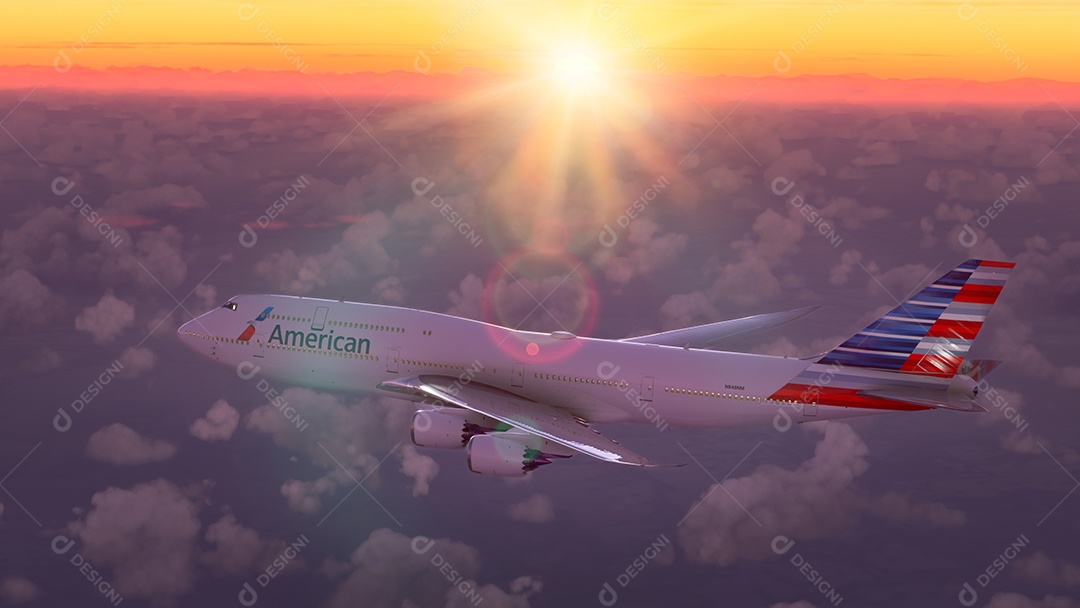 Boeing 747 American Airlines voando sobre o incrível pôr do sol Los Angeles, Califórnia.