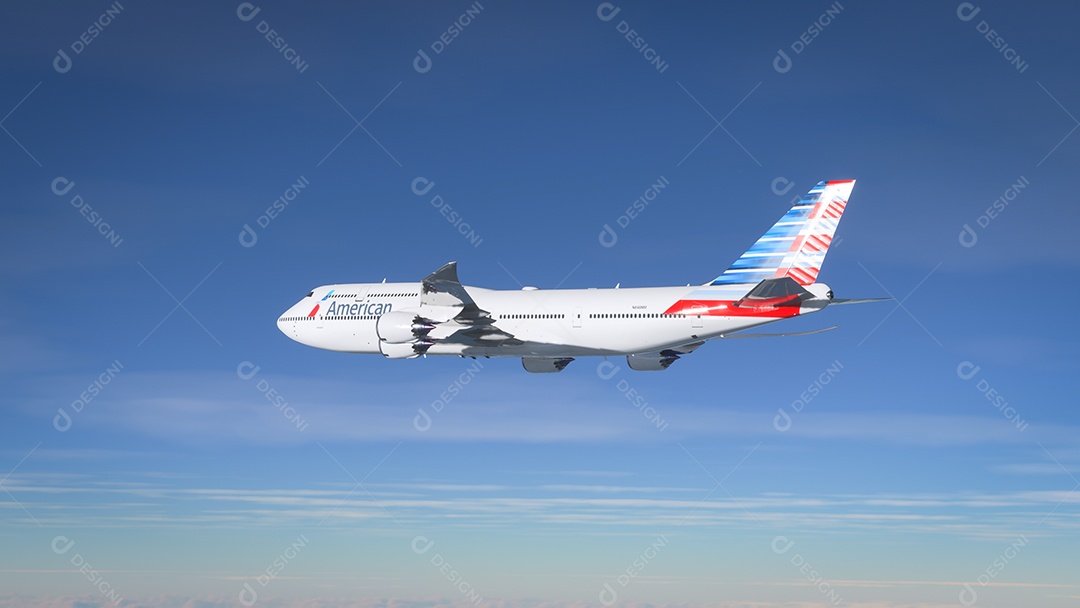 Boeing 747 American Airlines voando sobre o céu azul Los Angeles, Califórnia.