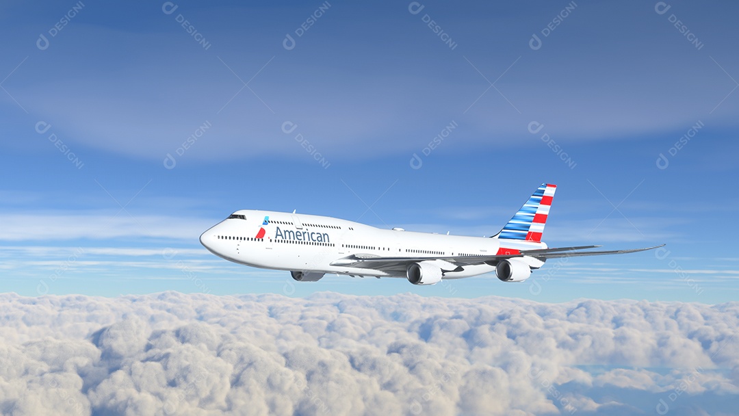 Boeing 747 American Airlines voando sobre as nuvens Los Angeles, Califórnia.