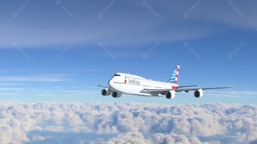 Boeing 747 American Airlines voando sobre as nuvens Los Angeles, Califórnia.