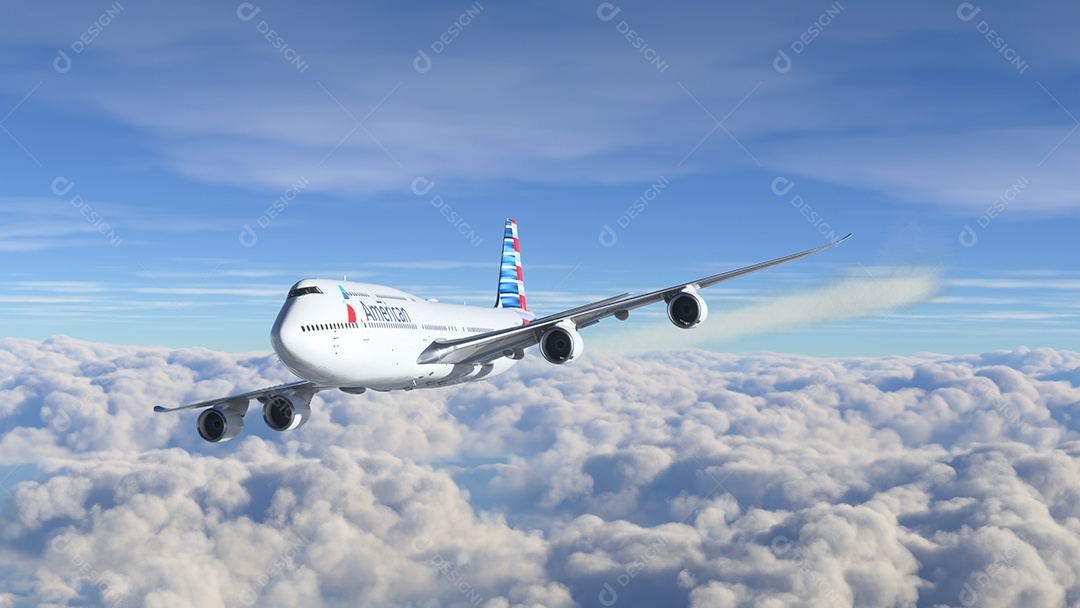 Boeing 747 American Airlines voando sobre as nuvens Los Angeles, Califórnia.