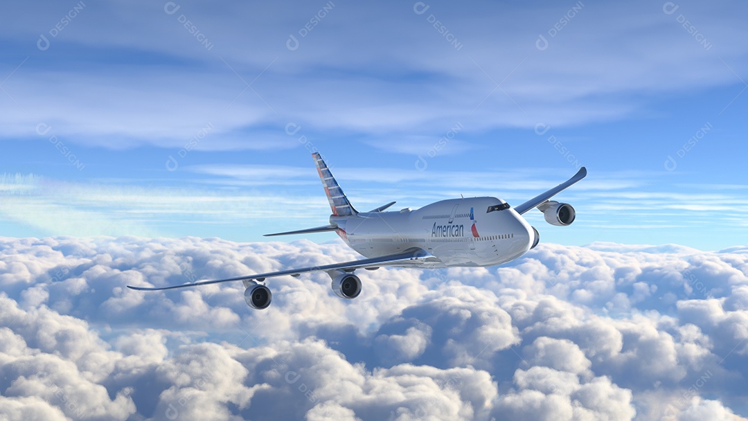 Boeing 747 American Airlines voando sobre o céu azul Los Angeles, Califórnia.