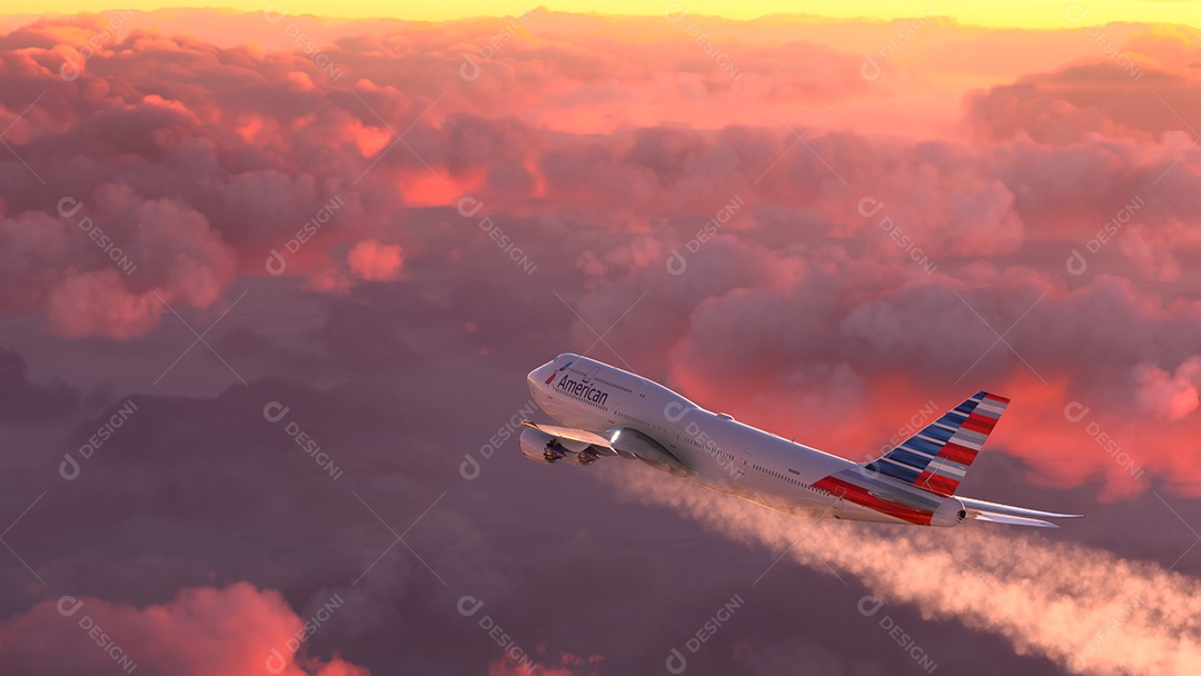 Boeing 747 American Airlines voando sobre o incrível pôr do sol Los Angeles, Califórnia.