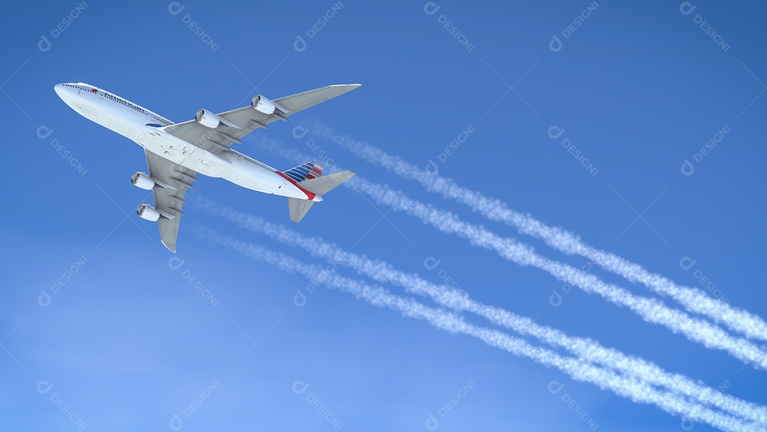 Boeing 747 American Airlines voando sobre o céu azul Los Angeles, Califórnia.
