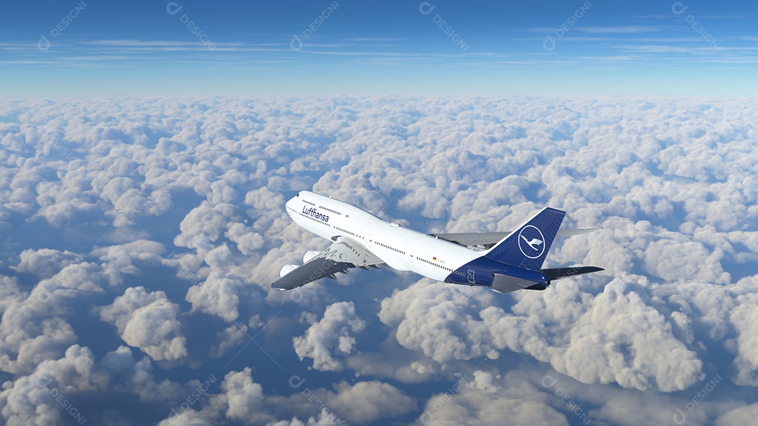 Boeing 747 Lufthansa voando sobre as nuvens Los Angeles, Califórnia.