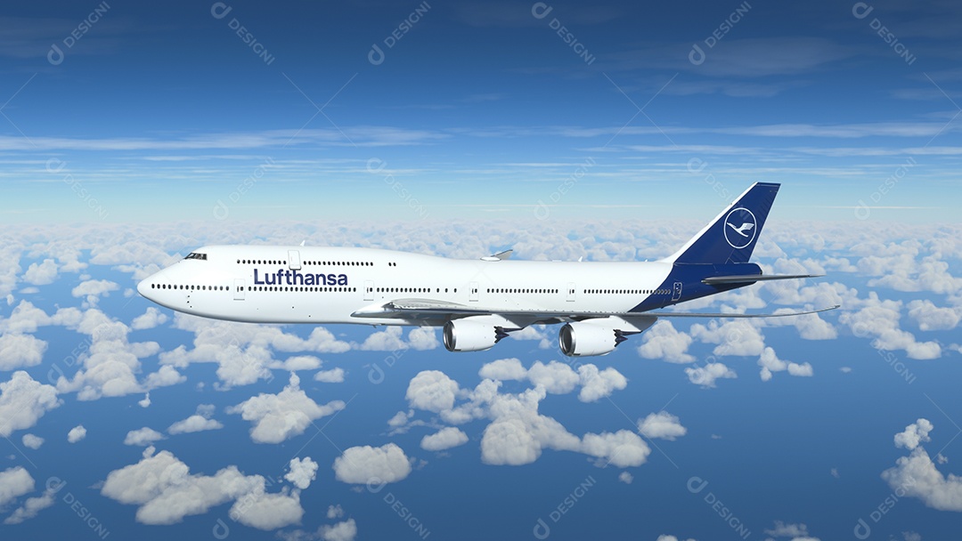 Boeing 747 Lufthansa voando sobre o céu azul Los Angeles, Califórnia.