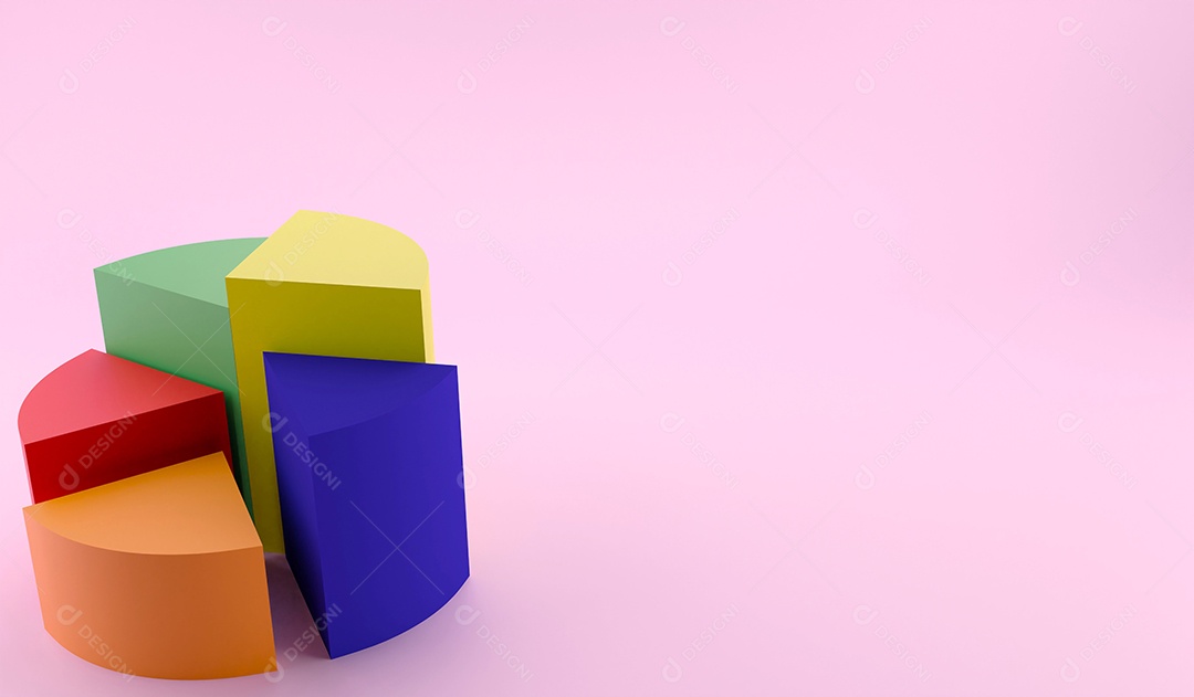 Gráfico de pizza colorido de renderização 3D. conceito de dados de ilustração 3D no fundo rosa