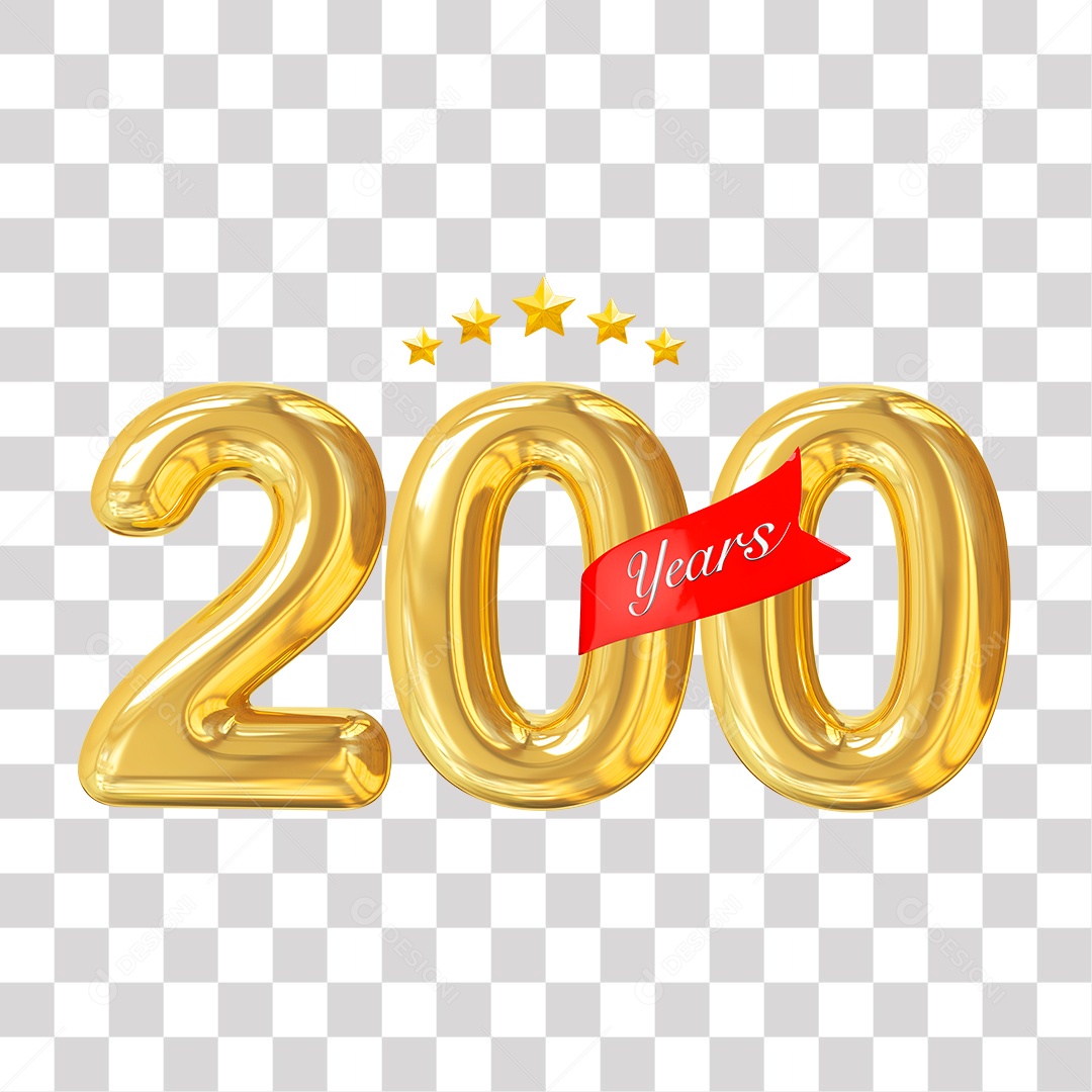 Elemento 3D 200 Anos De Idade Dourado para Composição PNG Transparente