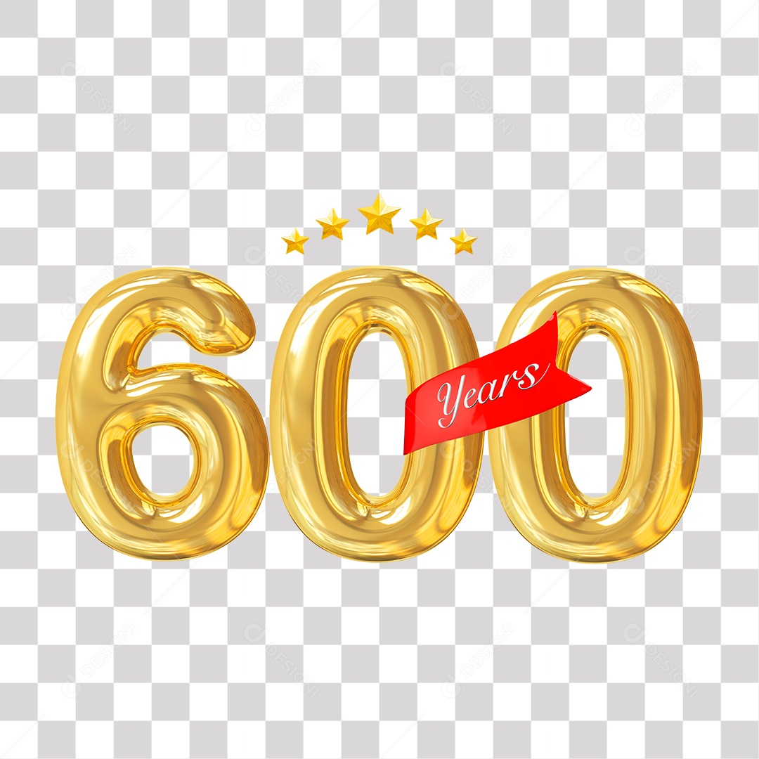 Elemento 3D 600 Anos De Idade Dourado para Composição PNG Transparente