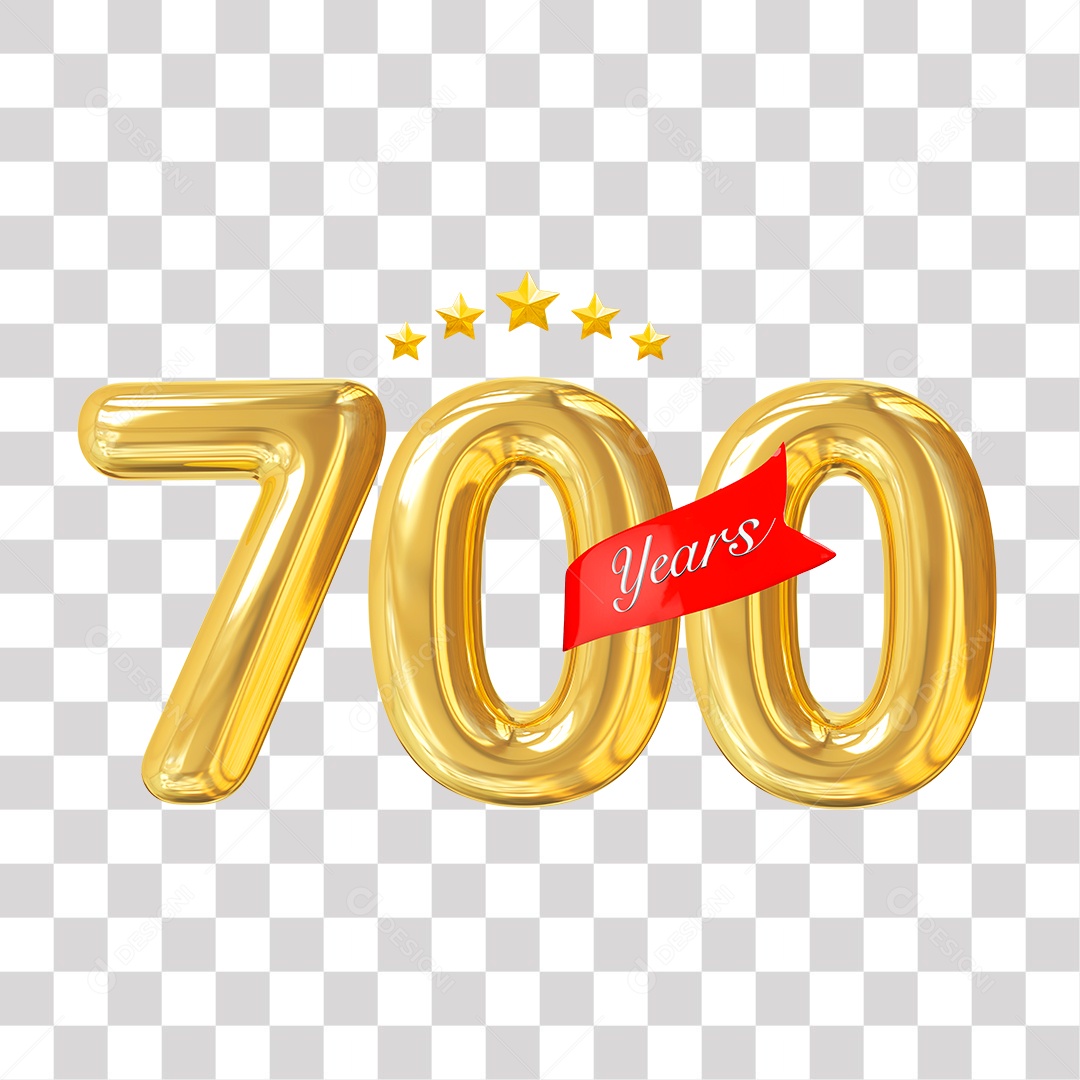 Elemento 3D 700 Anos De Idade Dourado para Composição PNG Transparente