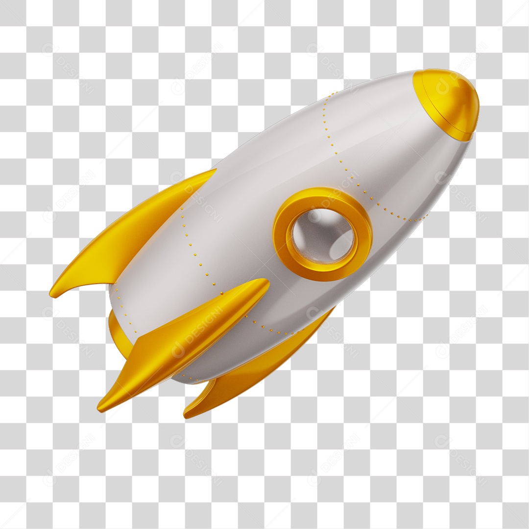 Foguete 3D Rocket Branco e Amarelo PNG Transparente