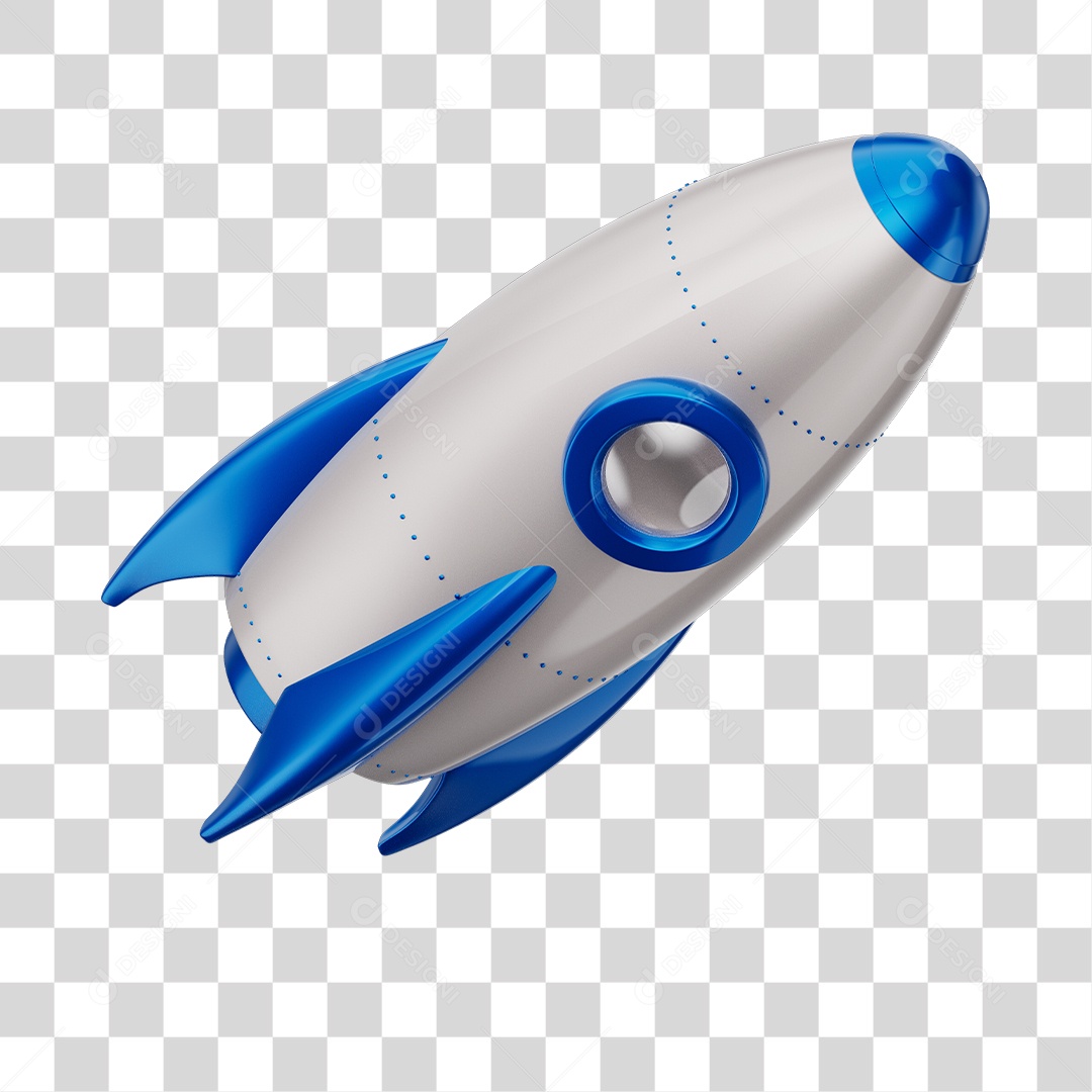 Foguete 3D Rocket Branco e Azul PNG Transparente