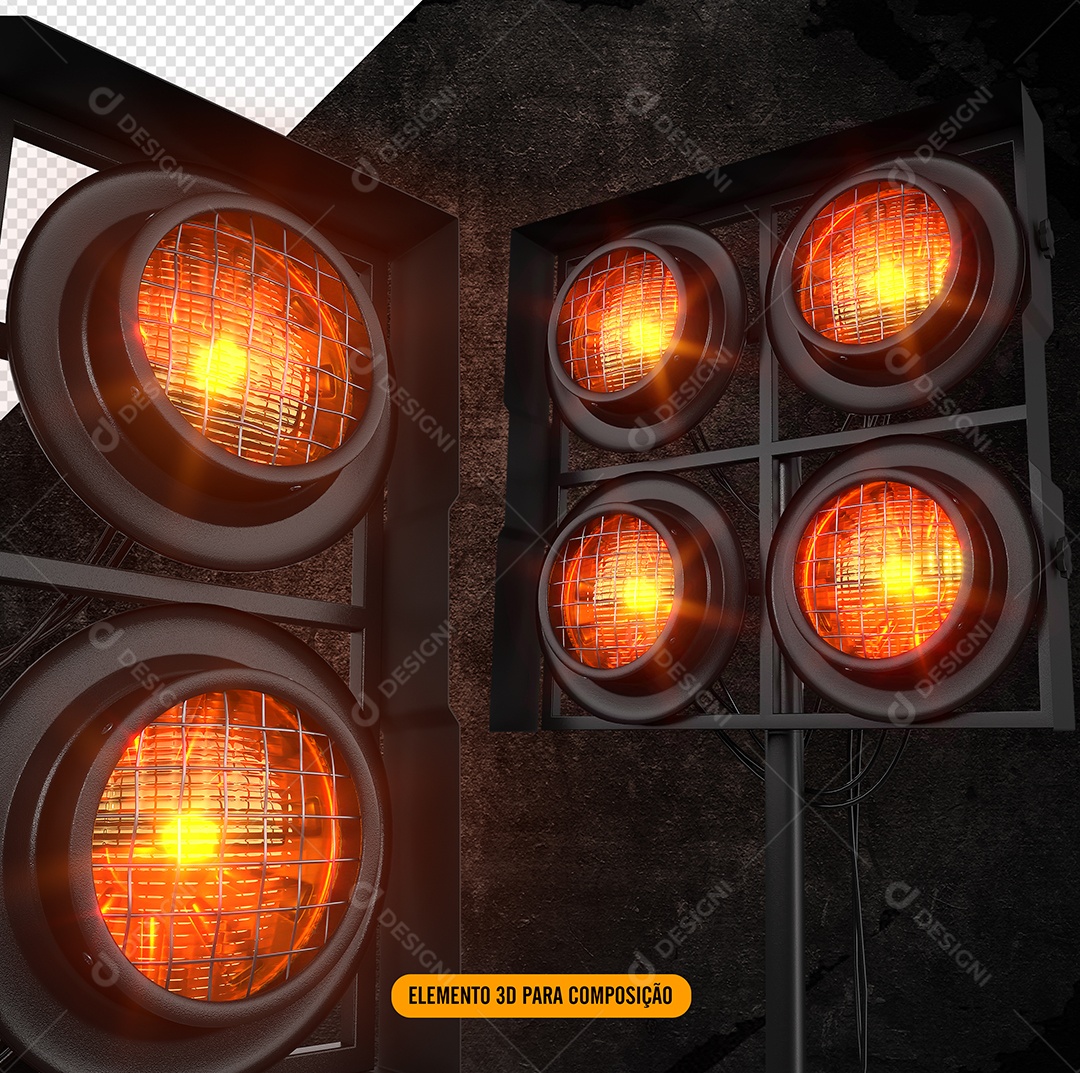 Refletores de Luzes com Luzes Laranja Elemento 3D para Composição PSD
