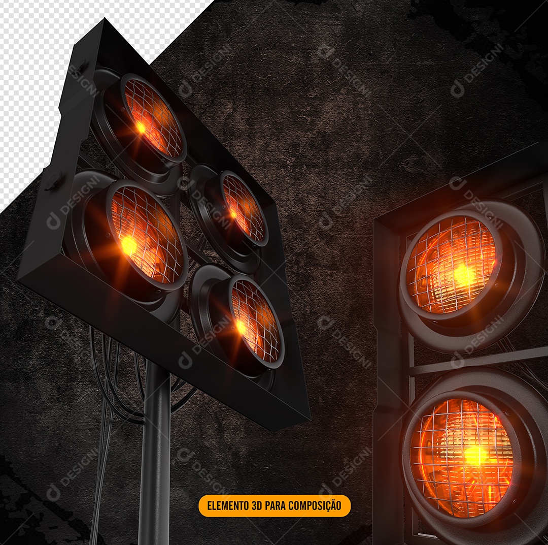 Refletores de Luzes com Luzes Laranja Elemento 3D para Composição PSD