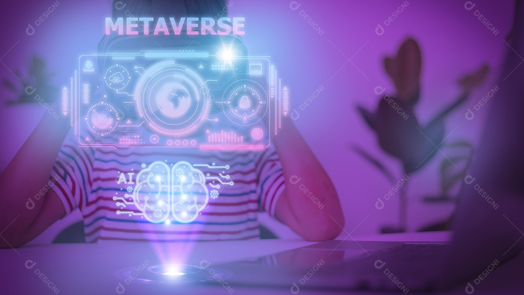 Menina feliz usando óculos de realidade virtual enquanto joga no metaverso