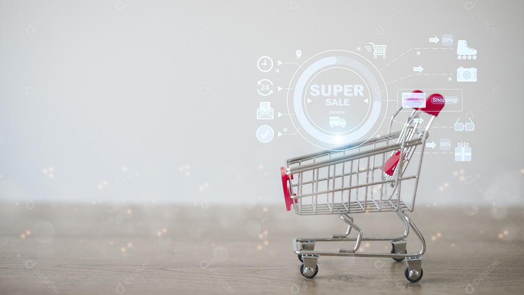 Carrinho de compras com ícones de compras, conceitos de compras online