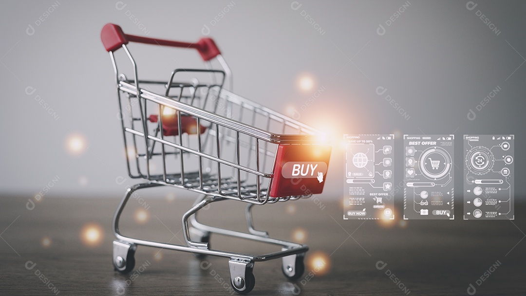 Carrinho de compras com ícones de compras, conceitos de compras online