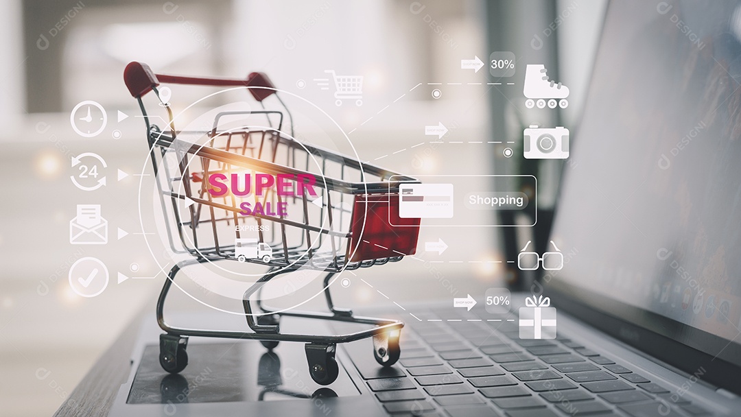 Carrinho de compras com ícones de compras, conceitos de compras online