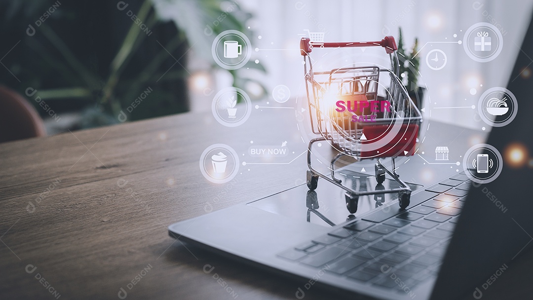 Carrinho de compras com ícones de compras, conceitos de compras online