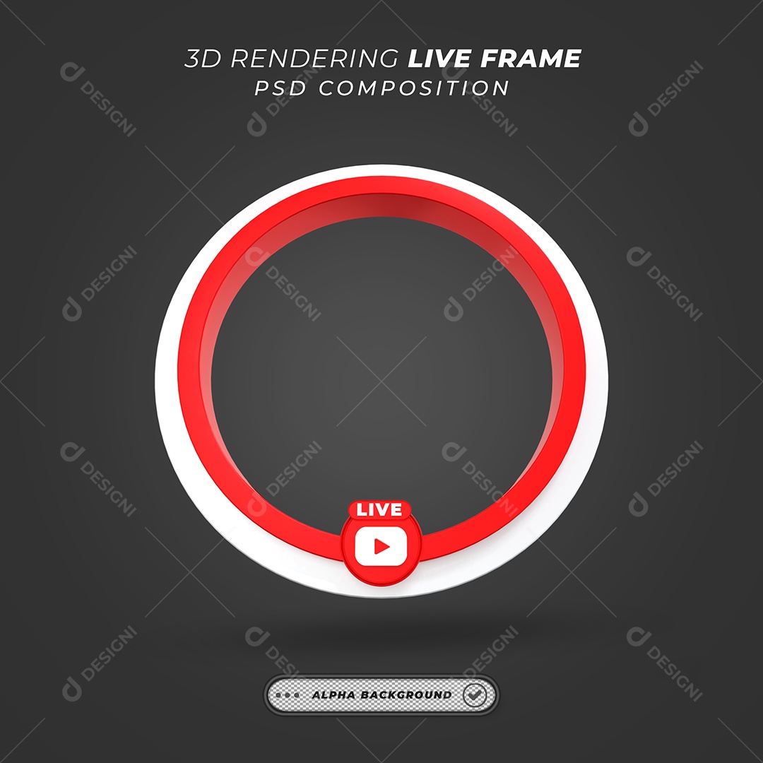 Quadro Círcular de Live do Youtube Elemento 3D Branco e Vermelho para Composição PSD