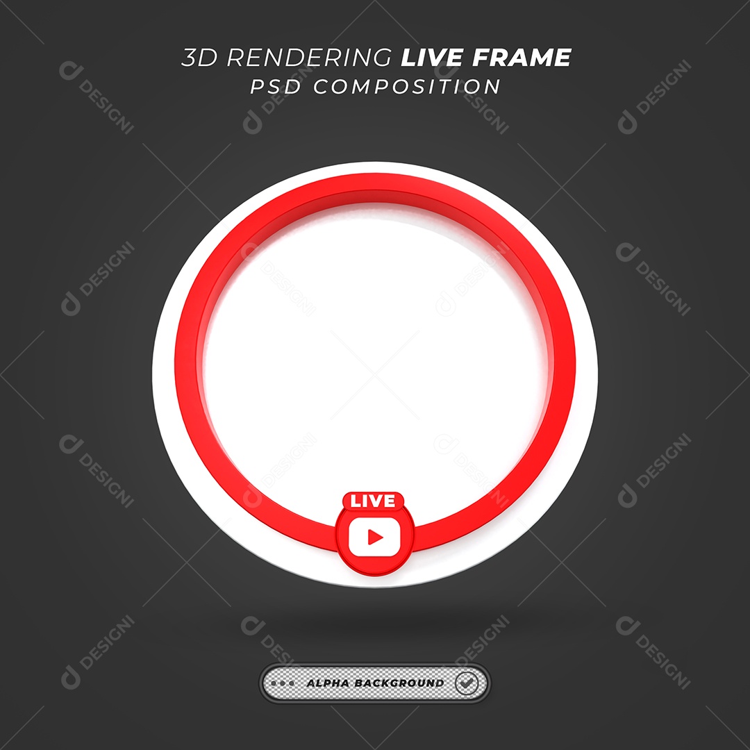 Quadro Círcular de Live do Youtube Elemento 3D Branco e Vermelho para Composição PSD