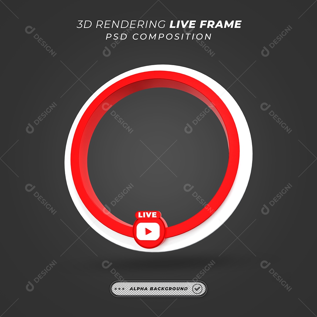 Quadro Círcular de Live do Youtube Elemento 3D Branco e Vermelho para Composição PSD