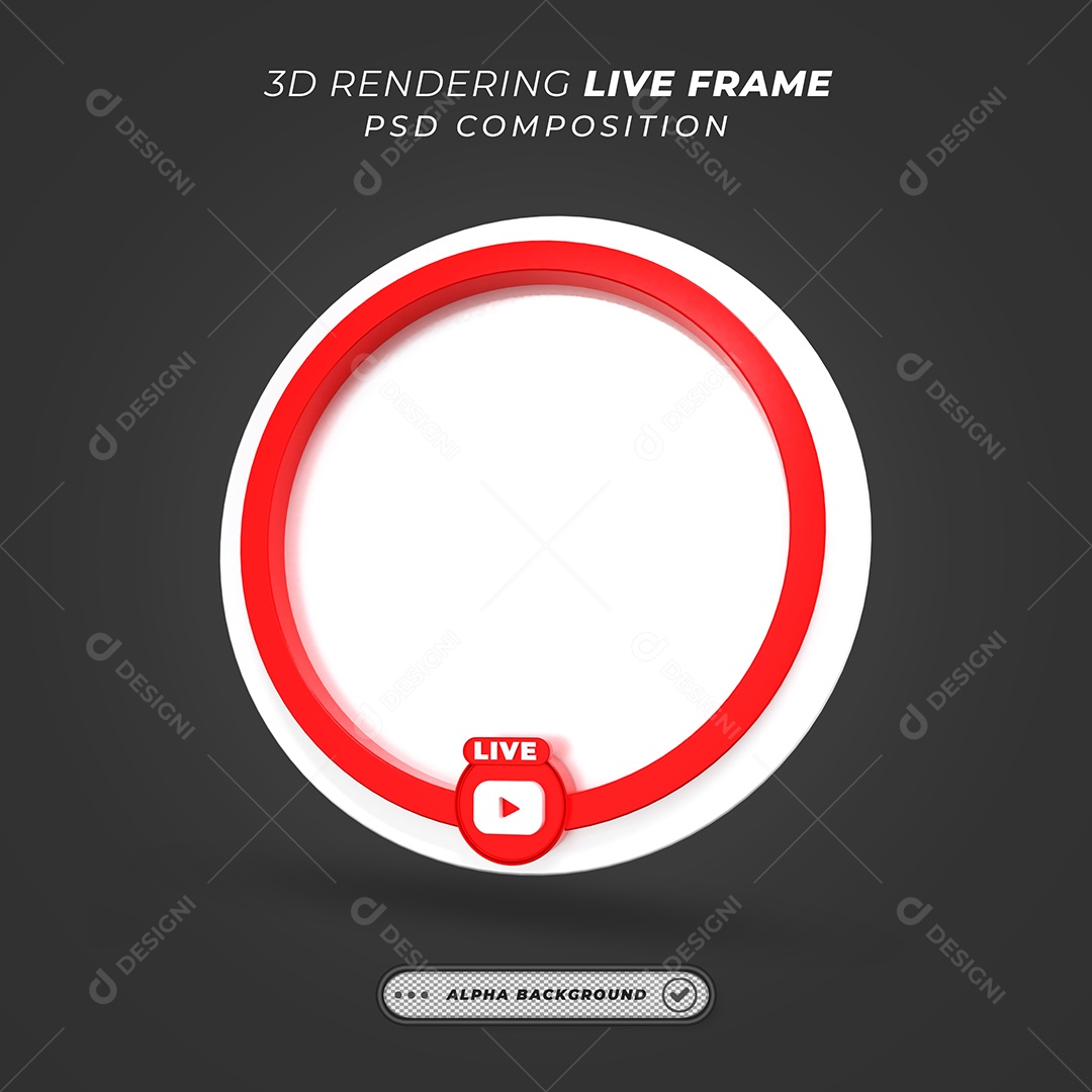 Quadro Círcular de Live do Youtube Elemento 3D Branco e Vermelho para Composição PSD